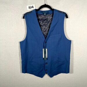 Perry Ellis Suit Vest Men Large Blue Stretch Linen Belted Back Principles Formal